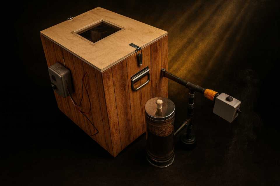 Compact home electric smoker, matte black steel, modern brutal design, on black background with subtle yellow rim light, product shot, 1:1