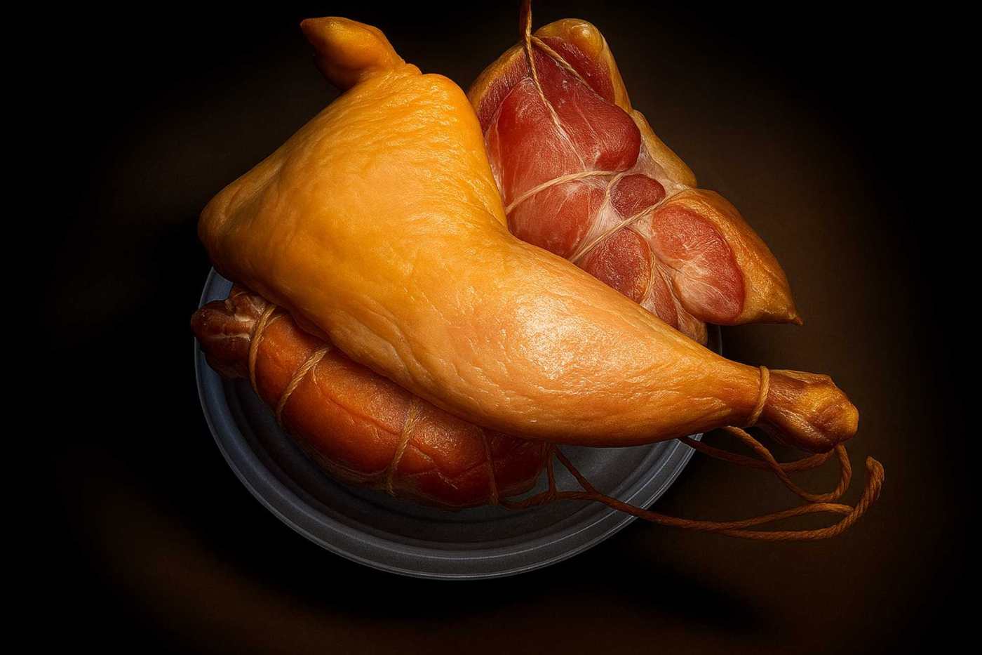 Close-up industrial stainless steel smokehouse on black background with yellow accent lighting, brutal style, dramatic shadows, product photo, 4:3