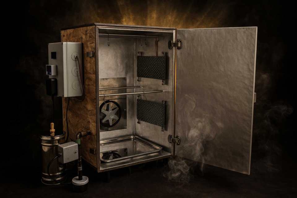 Compact home electric smoker, matte black steel, modern brutal design, on black background with subtle yellow rim light, product shot, 1:1